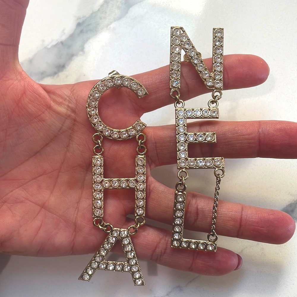 Chanel Cha-NEL Logo Crystal Drop Earrings